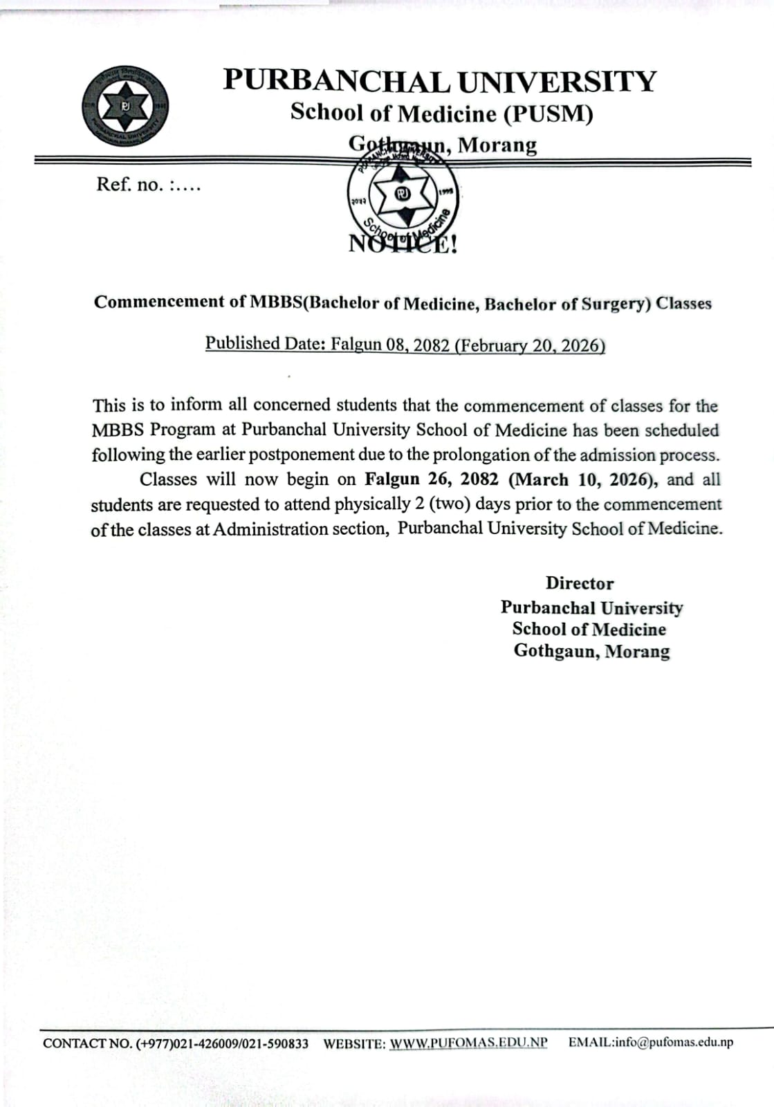 Commencement of MBBS Classes